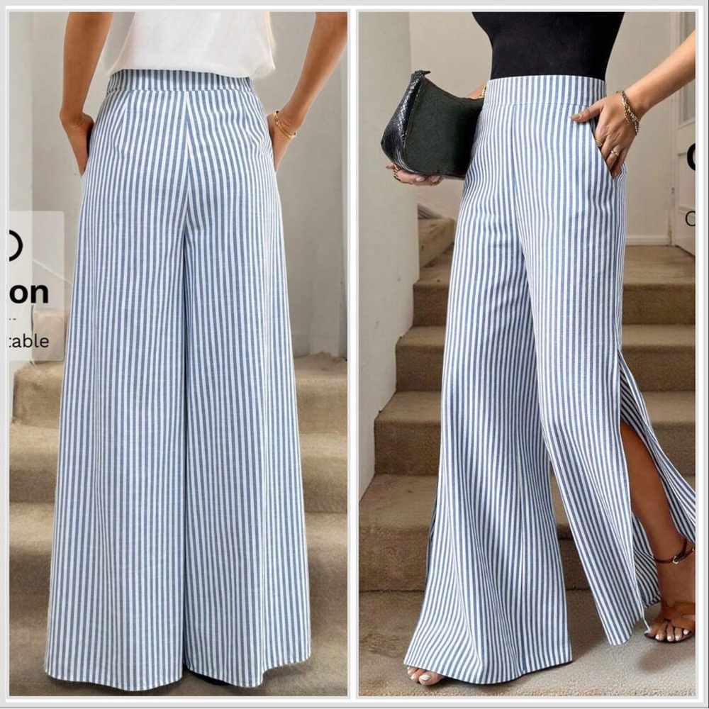@lizcvieira
Striped Blue & White Wide-Leg Slit Pants